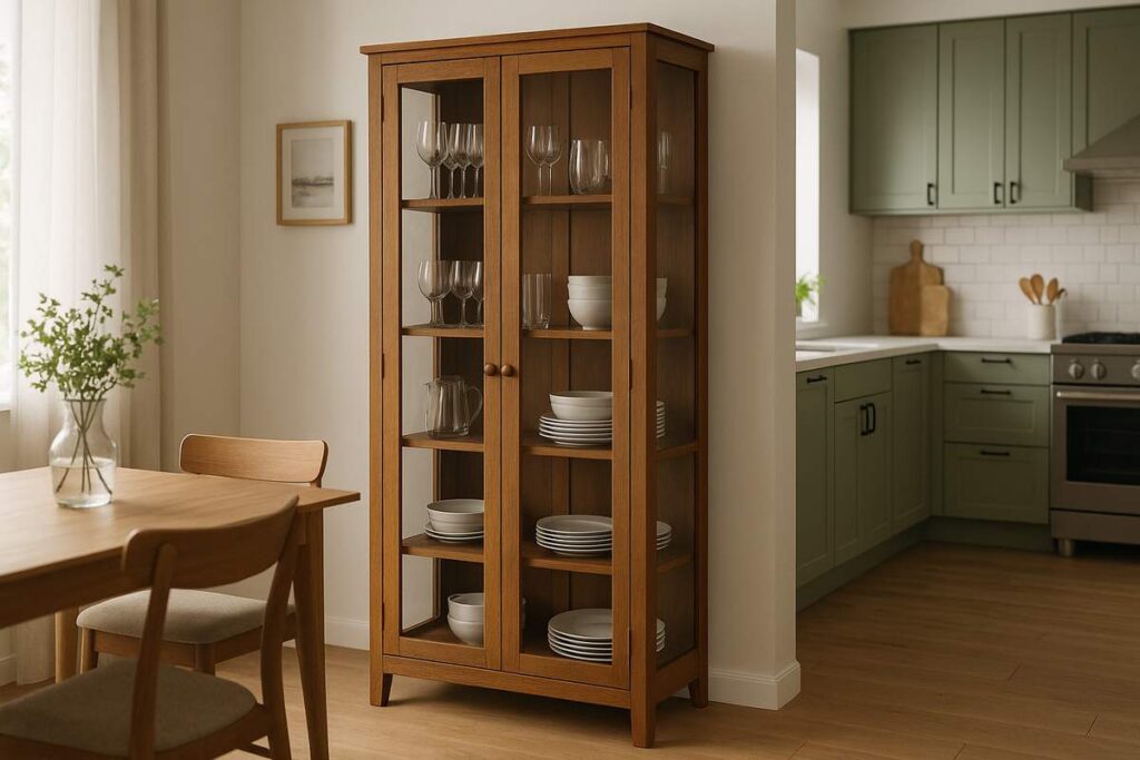  A imagem apresenta um armário de cozinha com cristaleira em madeira, com portas de vidro e prateleiras internas que exibem taças, copos, pratos e bowls organizados de forma elegante. Posicionado entre a sala de jantar e a cozinha, o móvel integra o ambiente com charme e funcionalidade. O armário se destaca pelo acabamento em madeira natural, combinando com os móveis ao redor e o piso de madeira. Ao fundo, a cozinha conta com armários verdes, bancada clara e revestimento branco, criando um espaço harmonioso e acolhedor.