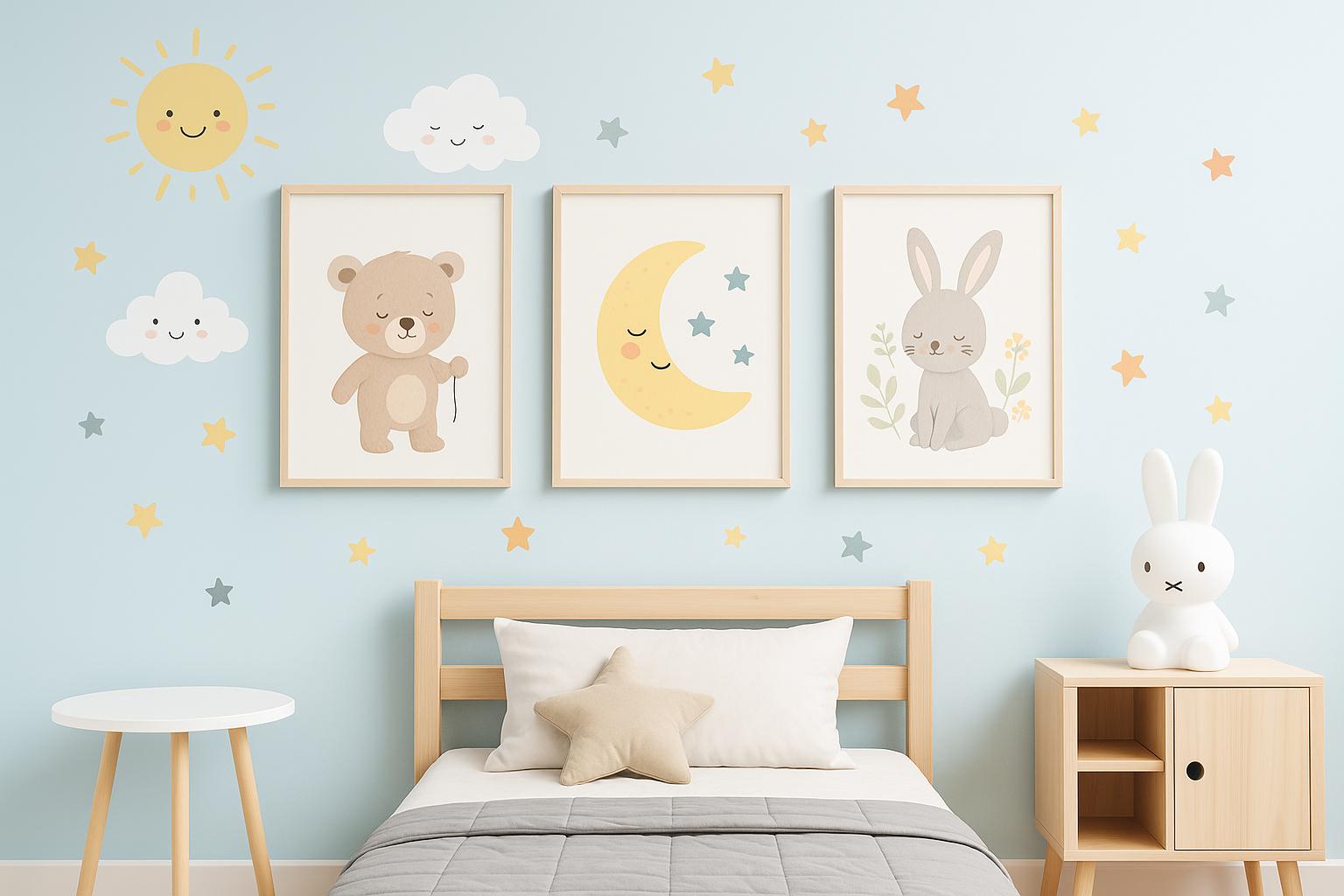 Decoração de quarto infantil com quadros e adesivos