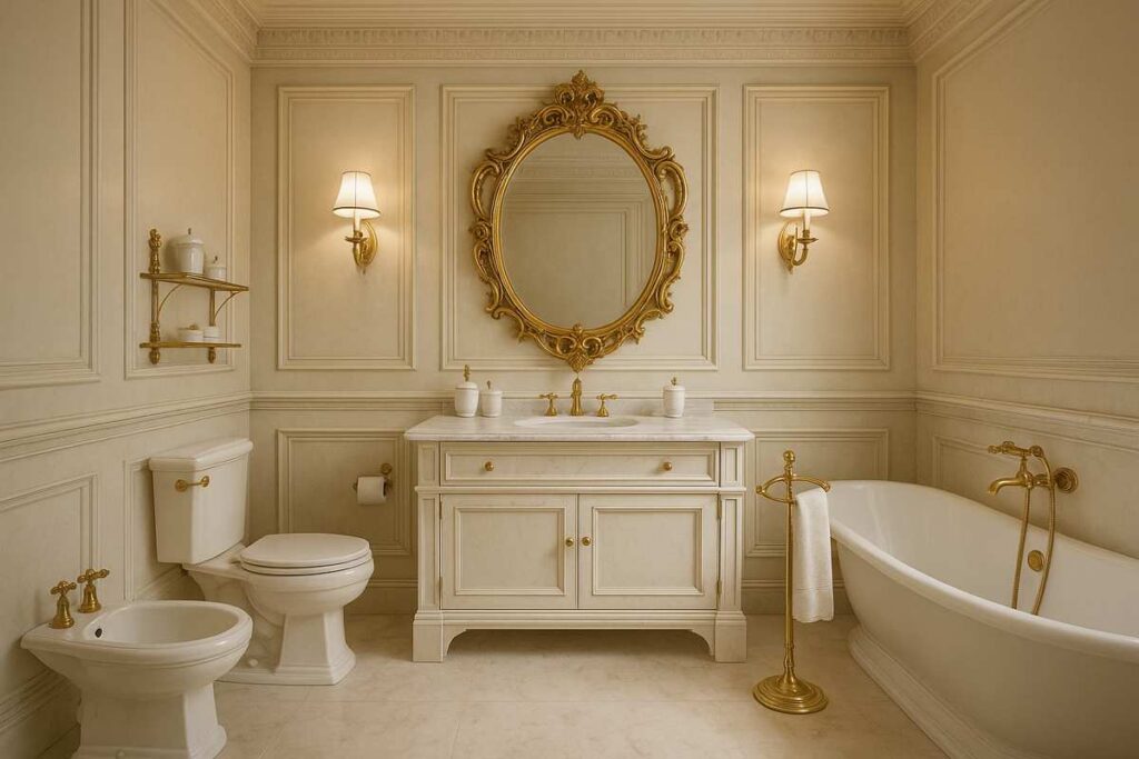 Imagem de acessórios para banheiro em estilo clássico, com espelho oval ornamentado, metais dourados e banheira elegante. 