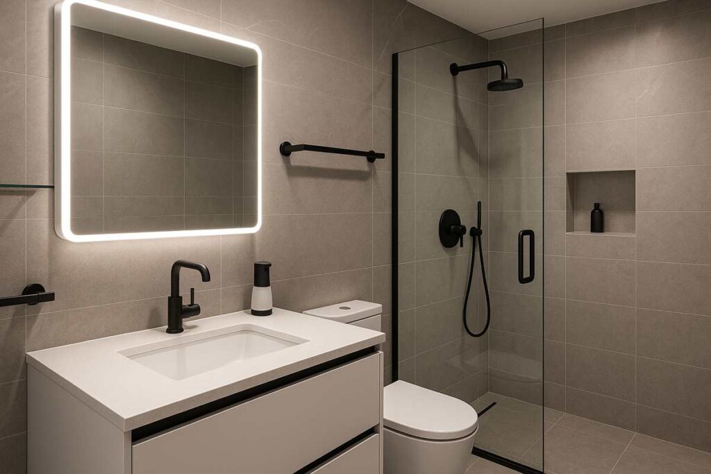 Imagem de acessórios para banheiro moderno, com metais pretos foscos, box de vidro, espelho iluminado e bancada clean. 