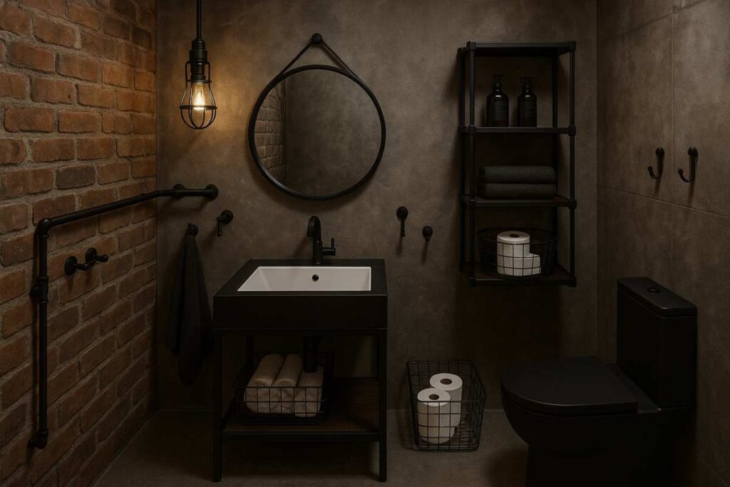 Imagem de acessórios para banheiro industrial, com metais pretos, parede de tijolos à vista, iluminação pendente e prateleiras com acabamento em ferro. 