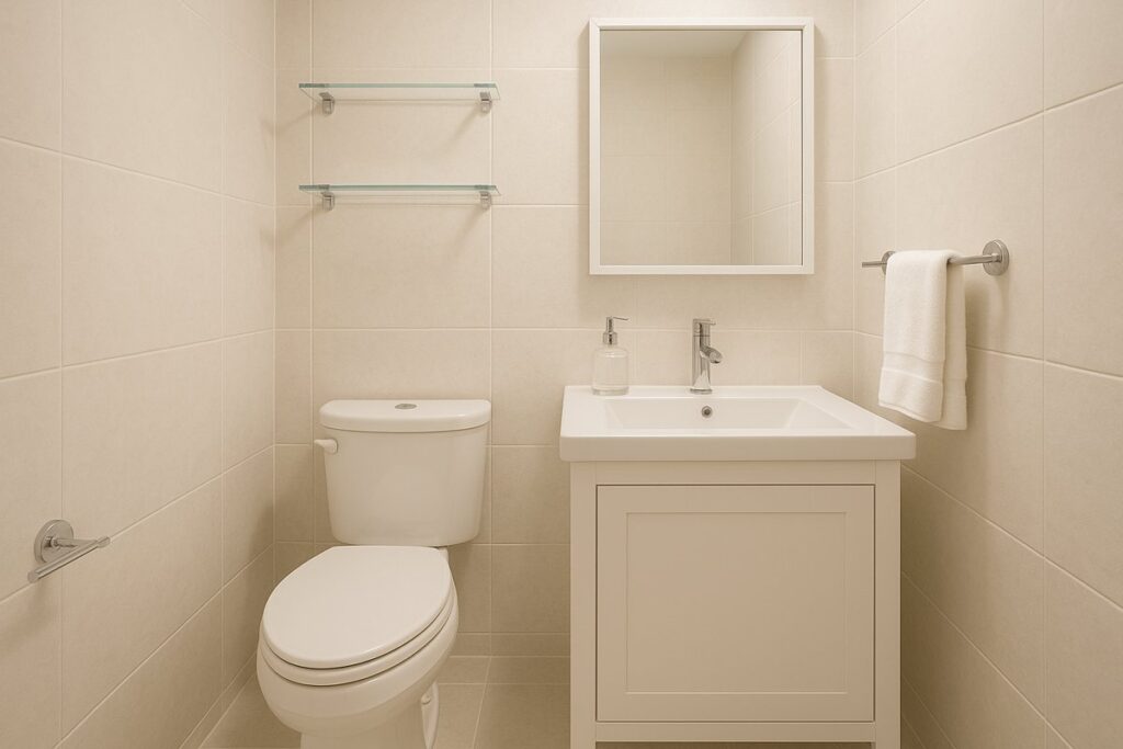 Imagem de acessórios para banheiro minimalista, com metais prateados, bancada branca, prateleiras de vidro e toalheiro lateral. 