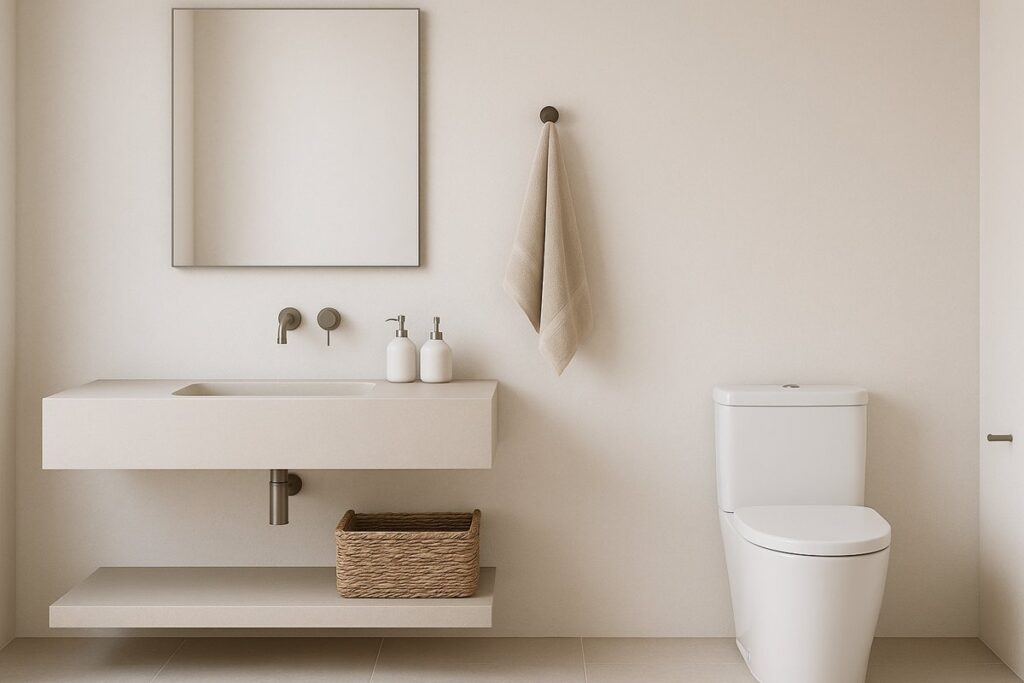 Imagem de acessórios para banheiro minimalista e elegante, com metais discretos, bancada suspensa, espelho quadrado e cesto de fibras naturais. 