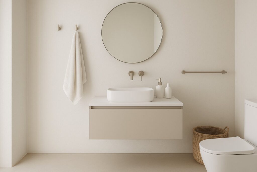  Imagem de acessórios para banheiro minimalista, com espelho redondo, metais discretos, bancada suspensa e cesto de fibras naturais. 