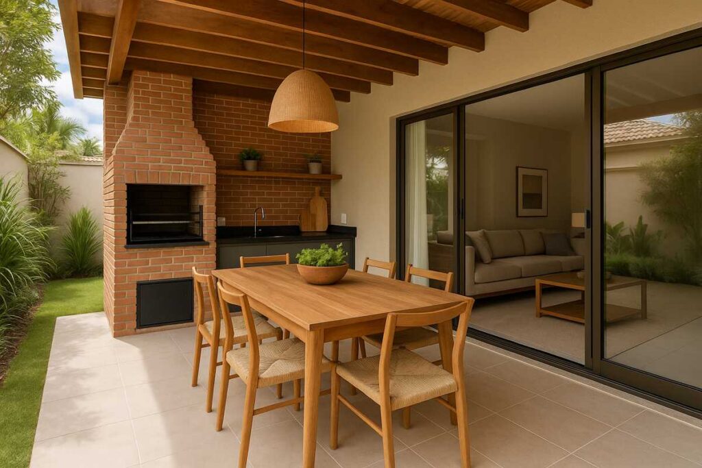 Imagem de uma área de lazer com churrasqueira em tijolos aparentes, mesa de jantar de madeira e jardim ao fundo, representando um espaço acolhedor e funcional para lazer em casa.

