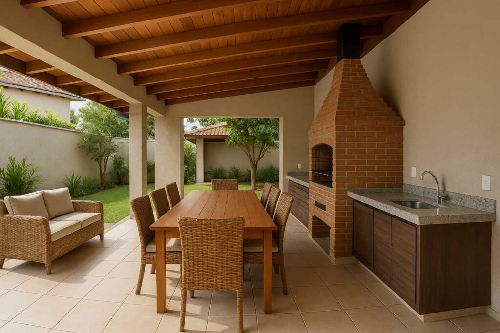 Área de lazer com churrasqueira coberta, mesa de jantar de madeira e ambiente externo arborizado.

