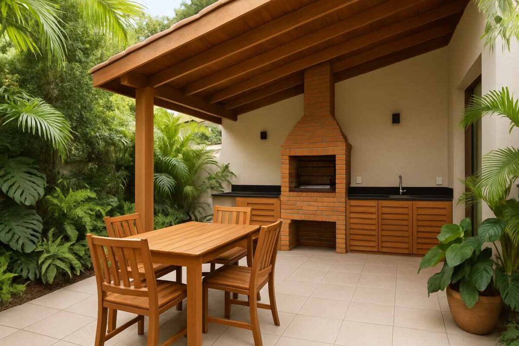 Área de lazer com churrasqueira de tijolos, bancada com pia e mesa de madeira para quatro pessoas, em ambiente coberto e rodeado por plantas verdes
