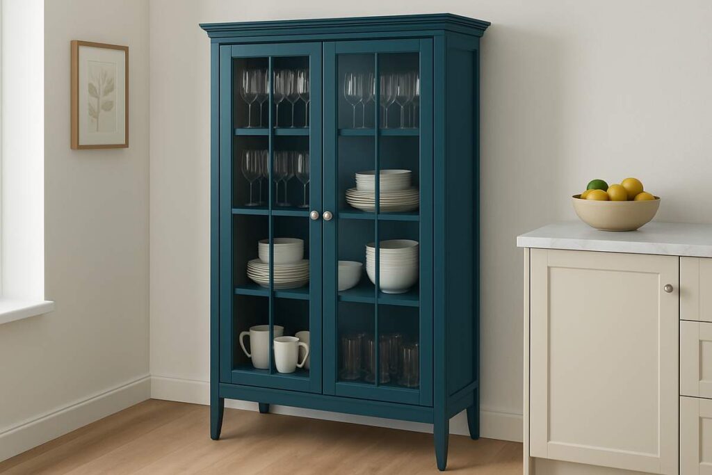  A imagem apresenta um armário de cozinha com cristaleira em tom azul vibrante, com portas de vidro emolduradas e puxadores metálicos. No interior, as prateleiras organizam taças, pratos, bowls e canecas de forma elegante. O móvel está posicionado ao lado de um balcão claro com tampo de mármore e uma fruteira com limões e laranjas. O piso de madeira clara e as paredes neutras realçam o contraste da cristaleira, criando um ambiente moderno, funcional e cheio de personalidade.