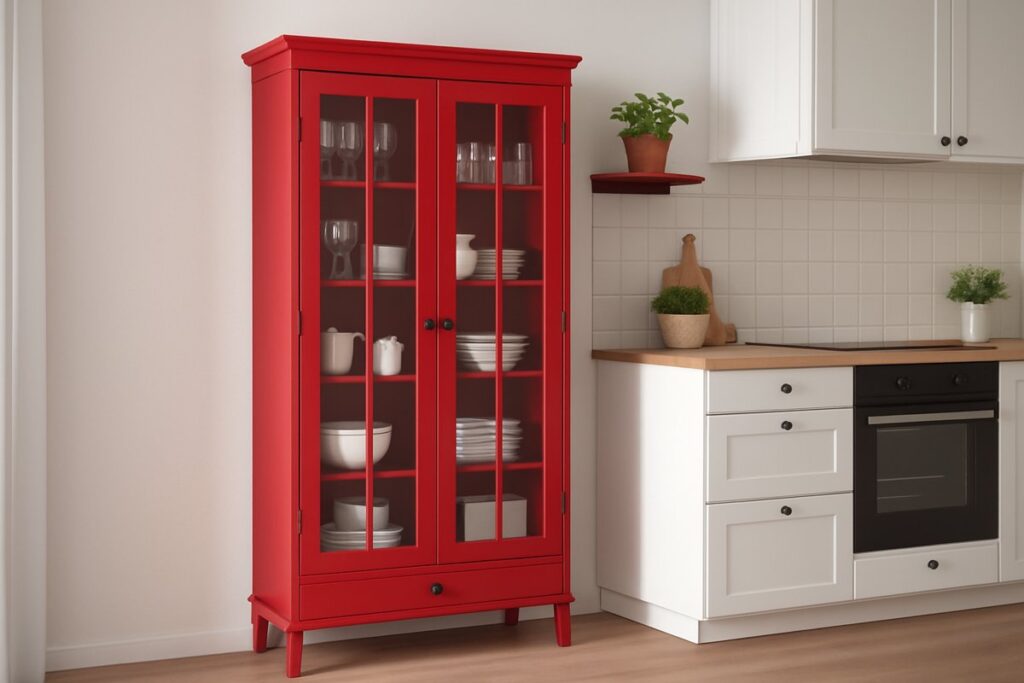  Armário de cozinha com cristaleira em tom vibrante de vermelho, ideal para organizar e expor louças de forma elegante. Com portas de vidro e prateleiras internas, esse modelo é perfeito para trazer personalidade e funcionalidade ao ambiente, valorizando a decoração da cozinha.