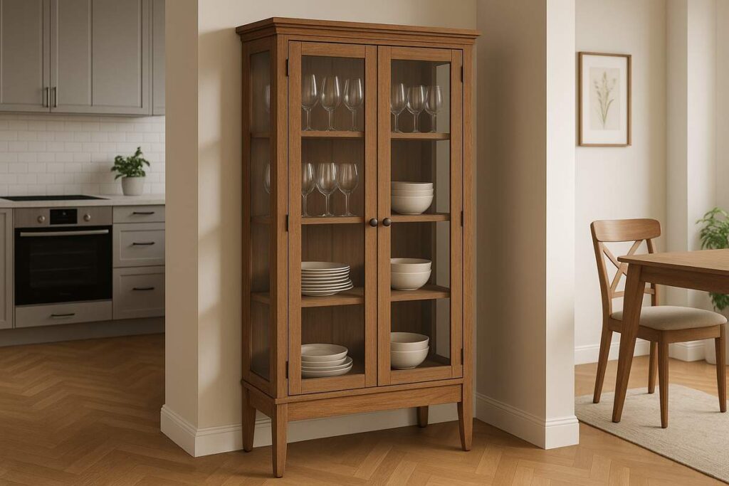  A imagem apresenta um elegante armário de cozinha com cristaleira em madeira, posicionado entre a sala de jantar e a cozinha. O móvel possui portas de vidro e prateleiras internas que exibem taças, pratos e bowls de forma organizada e acessível. O design combina funcionalidade e sofisticação, com estrutura elevada por pés torneados que conferem leveza ao conjunto. Ao fundo, a cozinha exibe armários cinza com puxadores escuros e revestimento branco tipo metrô, criando uma composição harmônica e moderna com o restante do ambiente.