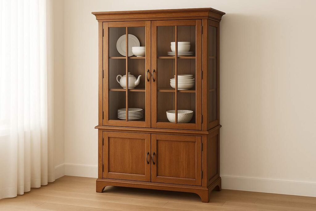  A imagem apresenta um armário de cozinha com cristaleira no estilo clássico, fabricado em madeira de tom médio. A parte superior conta com portas de vidro e prateleiras internas que exibem pratos, tigelas e uma chaleira decorativa, permitindo a exposição organizada das louças. Já a parte inferior possui duas portas fechadas, ideais para guardar utensílios menos usados no dia a dia. O móvel está posicionado contra uma parede clara, ao lado de uma janela com cortina de tecido leve, compondo um ambiente elegante, funcional e bem iluminado.