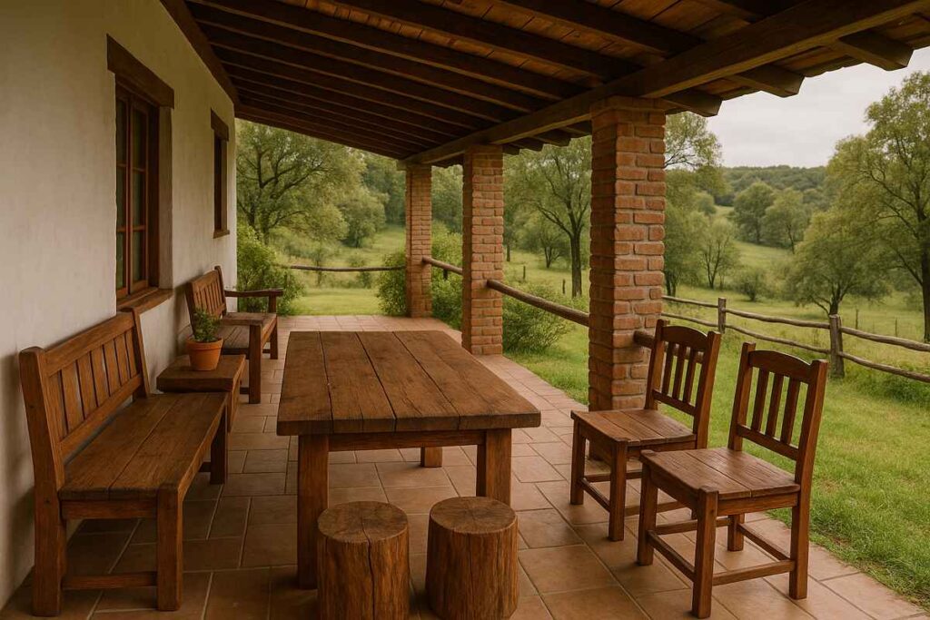 Casa de campo com varanda rústica, equipada com mesa, bancos e cadeiras de madeira maciça, oferecendo um espaço acolhedor para refeições e encontros em meio à natureza.
