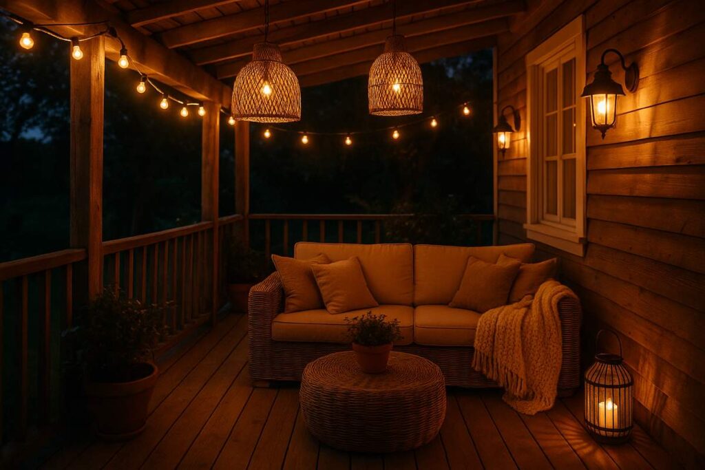 Casa de campo com varanda iluminada por luminárias e pendentes de palha, mobiliada com sofá de fibras naturais e mesa central, criando um ambiente perfeito para relaxar à noite com conforto e charme rústico.