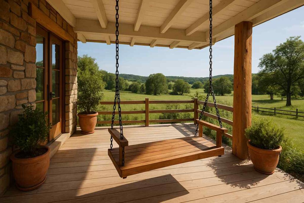 Casa de campo com varanda de madeira equipada com balanço suspenso, cercada por vasos de plantas e com vista ampla para um campo verde, proporcionando um espaço ideal para relaxar.