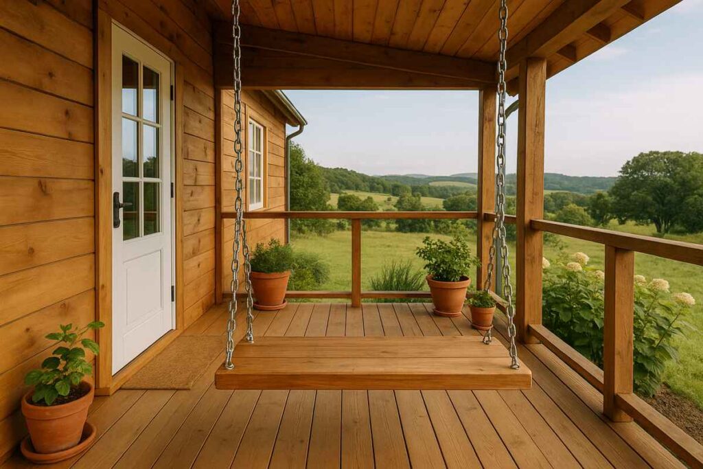 Casa de campo com varanda de madeira equipada com balanço suspenso por correntes, cercada por vasos de plantas e com vista para um campo verde e arborizado.