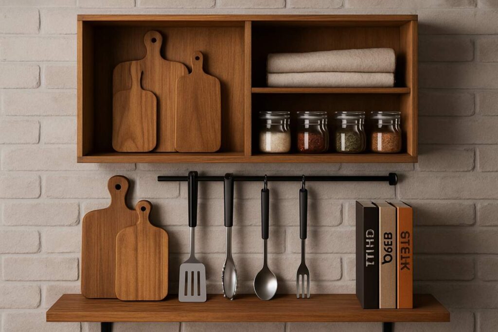 Organização funcional de utensílios e temperos para churrasqueira para apartamento, com tábuas de madeira, potes de especiarias e livros de receitas em prateleiras modernas