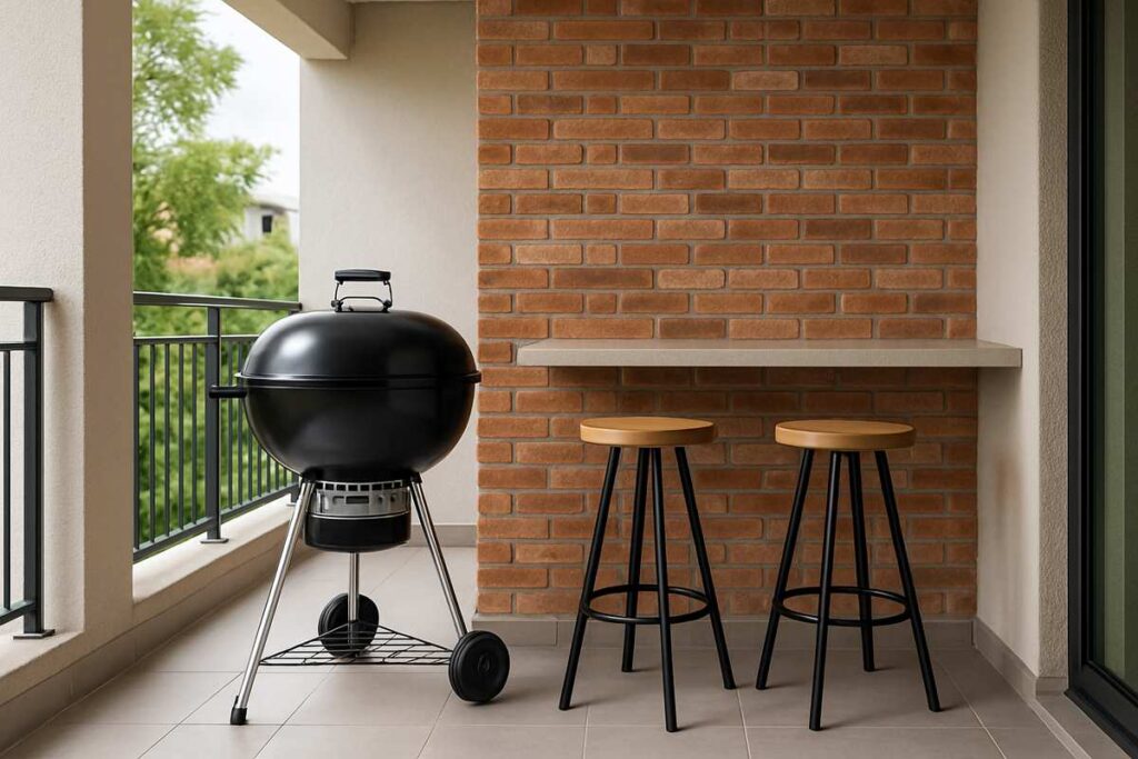 Churrasqueira para apartamento em varanda com parede de tijolos e bancada com banquetas