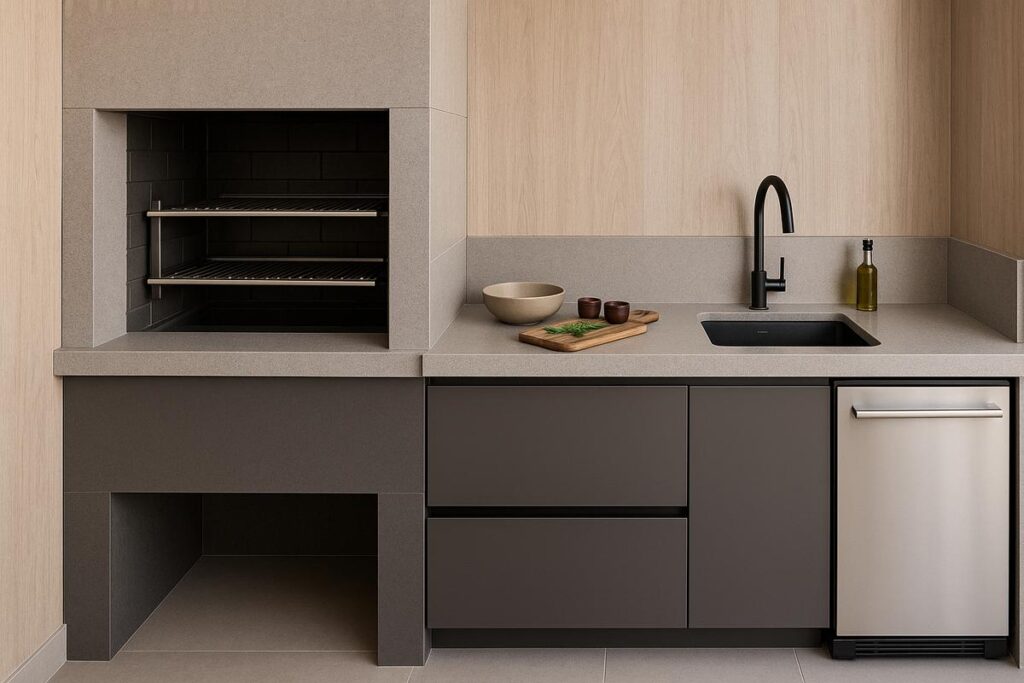 Churrasqueira para apartamento com design moderno e bancada integrada.