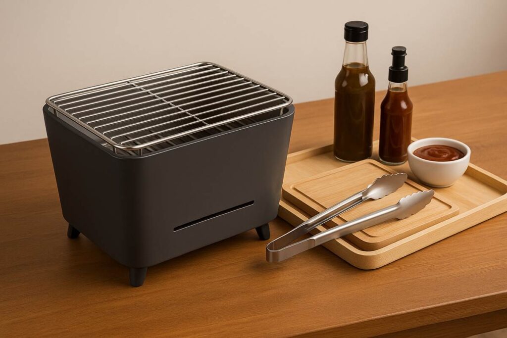 Churrasqueira para apartamento compacta e elegante, acompanhada de molhos e utensílios sobre bancada de madeira