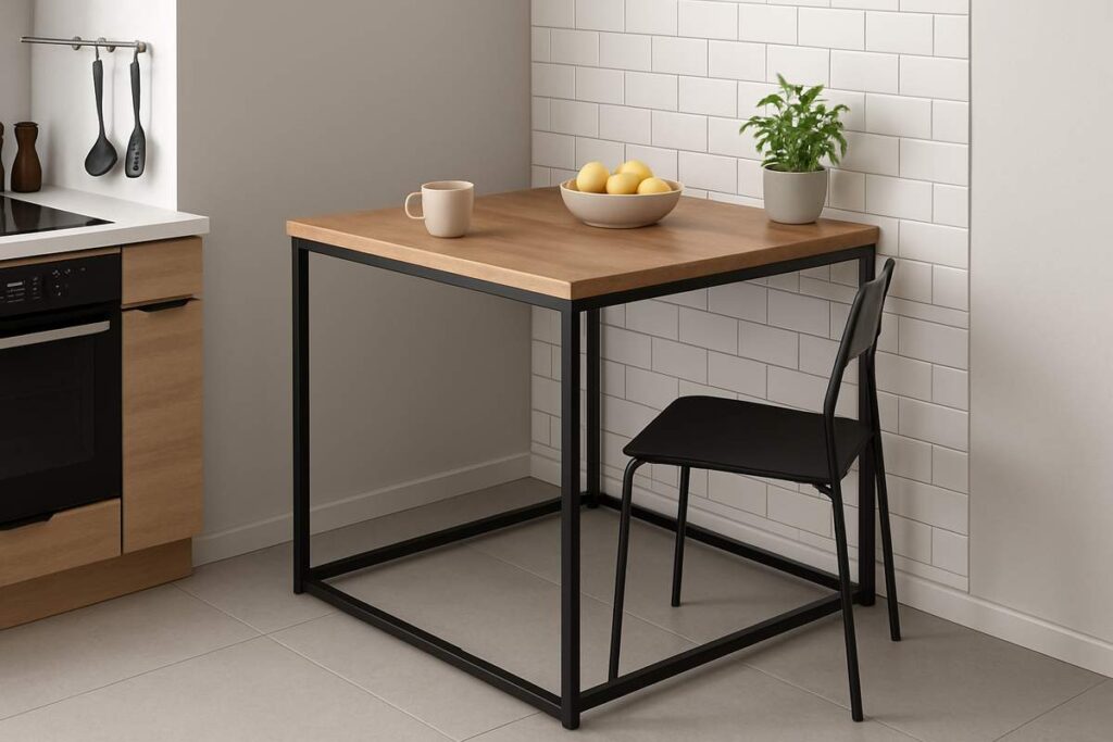  A imagem mostra uma mesa de canto para cozinha com design industrial, composta por tampo de madeira retangular e estrutura metálica preta em formato de cubo. A mesa está posicionada em um canto da cozinha, ao lado de uma parede revestida com azulejos brancos estilo metrô. Uma cadeira preta simples acompanha a mesa. Sobre o tampo, há uma tigela com limões, uma caneca bege e um vaso com planta verde, criando um ambiente moderno, compacto e bem organizado, ideal para espaços pequenos.