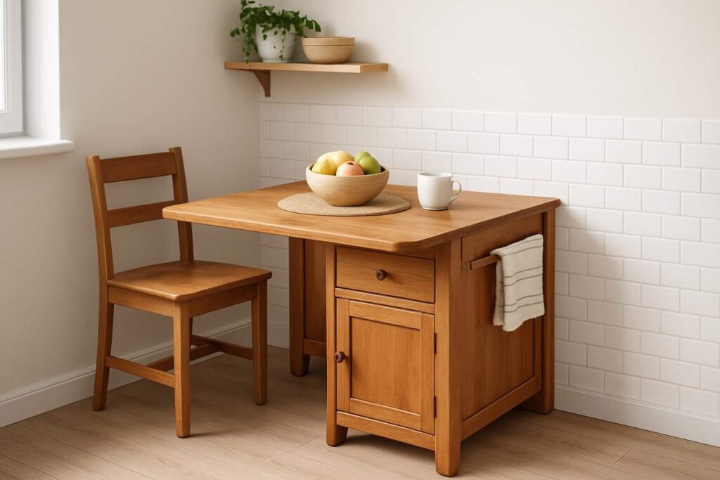  A imagem apresenta uma mesa de canto para cozinha com design prático e funcional, feita em madeira clara. A mesa possui estrutura compacta com gaveta, armário e suporte lateral para pano de prato, sendo ideal para cozinhas pequenas. Ela está acompanhada por uma cadeira simples de madeira no mesmo tom. Sobre o tampo, há uma fruteira com maçãs e uma caneca branca, apoiadas em um pequeno jogo americano. Ao fundo, uma prateleira com plantas e tigelas complementa a decoração, enquanto o revestimento de azulejos brancos e o piso claro contribuem para um ambiente acolhedor e organizado.
