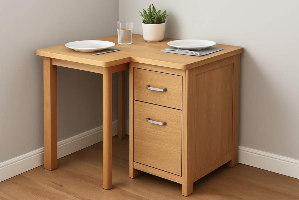  A imagem mostra uma mesa de canto para cozinha com design funcional e compacto. Fabricada em madeira clara, a mesa possui duas gavetas embutidas com puxadores metálicos, ideais para armazenar utensílios ou itens do dia a dia. O tampo em formato de “L” acomoda dois lugares, com pratos, talheres e copos dispostos de forma organizada. Um pequeno vaso com planta verde acrescenta um toque decorativo. O ambiente é simples, com parede neutra e piso de madeira, sugerindo praticidade e aproveitamento inteligente do espaço.
