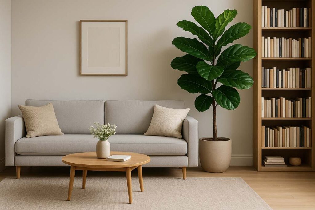 Sala aconchegante com sofá neutro, estante de madeira e plantas artificiais para decoração, criando harmonia e sofisticação no ambiente.