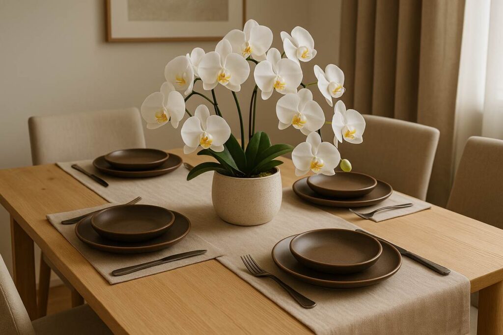Mesa de jantar sofisticada, decorada com orquídeas brancas artificiais para decoração, criando um ambiente refinado e acolhedor.
