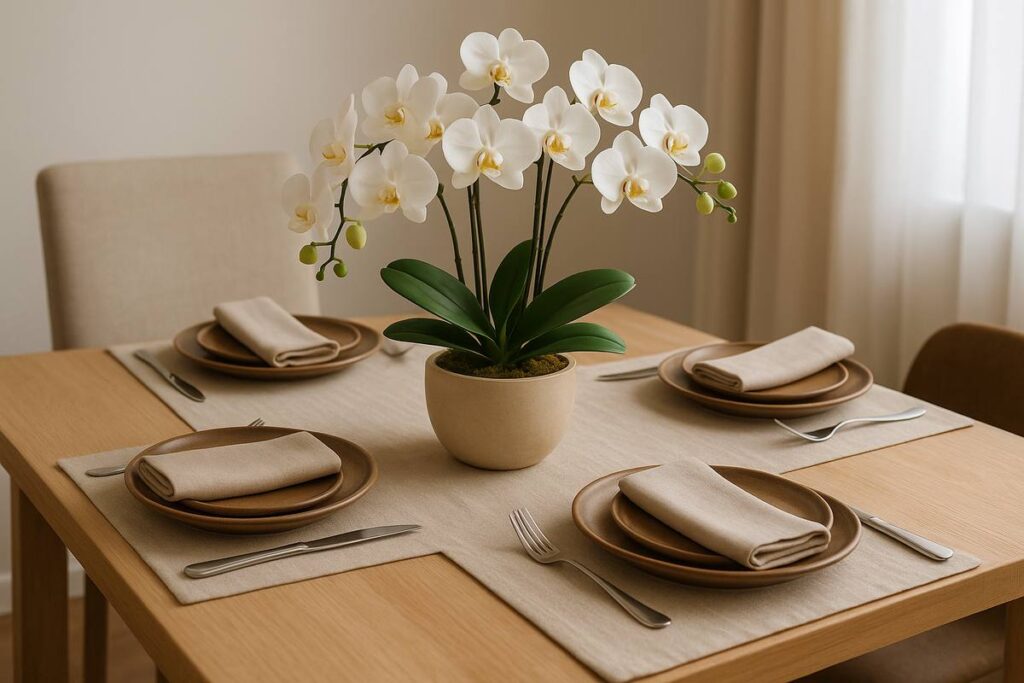 Mesa de jantar minimalista com orquídeas brancas artificiais para decoração, criando um toque sofisticado e acolhedor no ambiente.