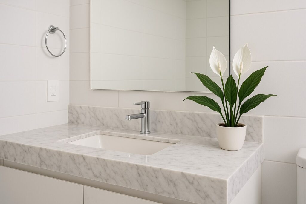Lavabo sofisticado com bancada de mármore e plantas artificiais para decoração, trazendo frescor e elegância ao ambiente.