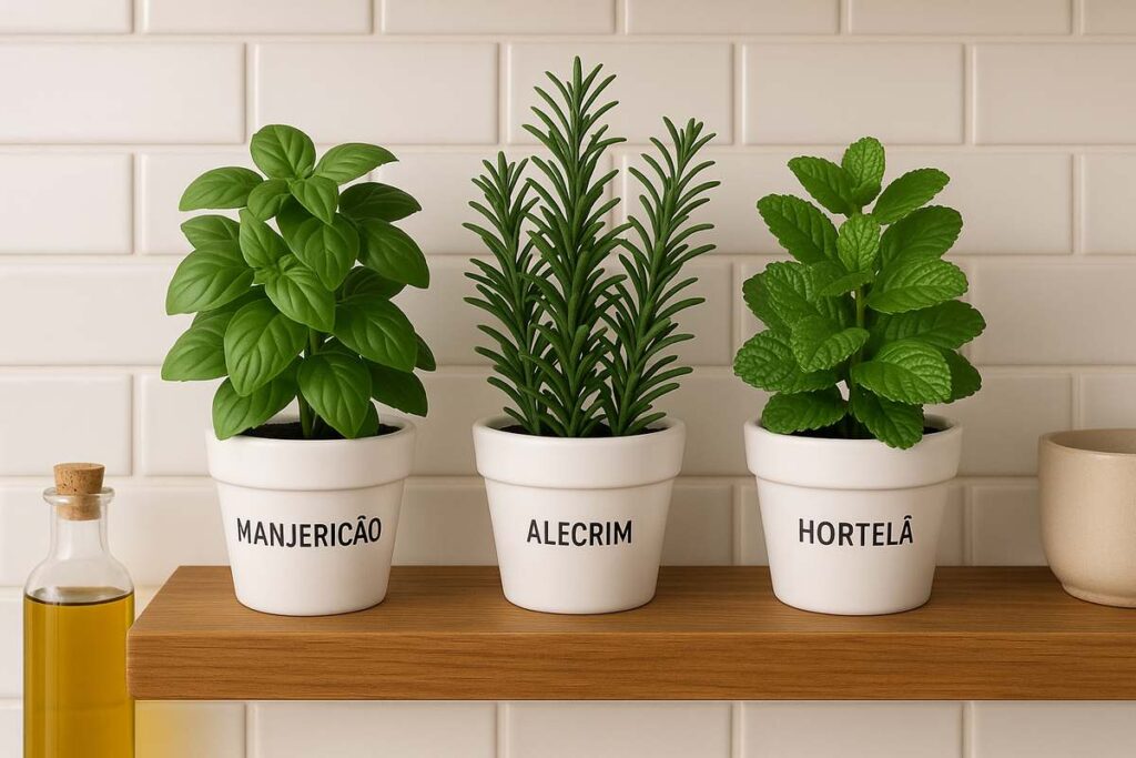 Conjunto de vasos com ervas artificiais para decoração, incluindo manjericão, alecrim e hortelã, ideal para trazer charme e frescor à cozinha.