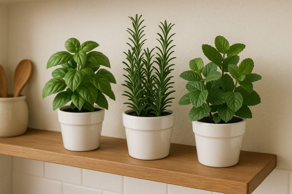 Conjunto de vasos brancos com manjericão, alecrim e hortelã artificiais para decoração, trazendo charme e frescor ao ambiente culinário.