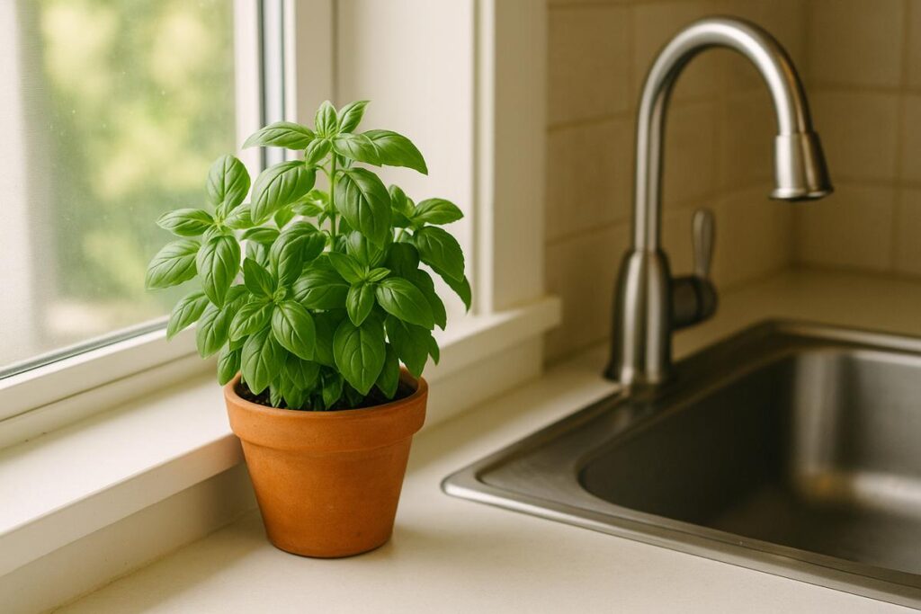 Plantas para apartamento: vaso de manjericão fresco decorando a janela da cozinha