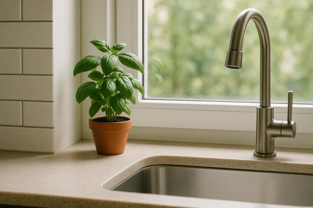 Plantas para apartamento: manjericão em vaso de barro sobre bancada de cozinha