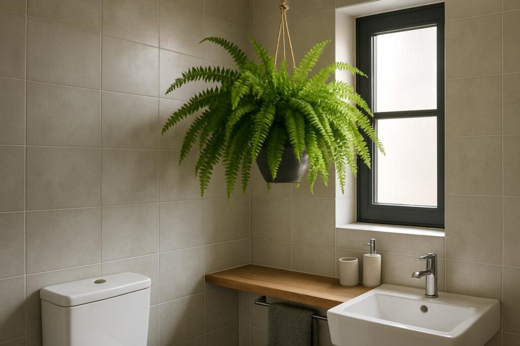 Banheiro moderno com samambaia pendente, exemplo de uso de plantas para apartamento em espaços internos.