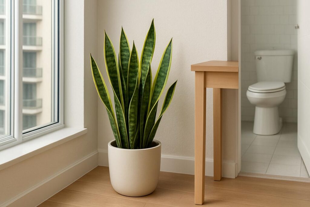 Plantas para apartamento: vaso com Espada-de-São-Jorge decorando canto próximo à janela em ambiente interno.