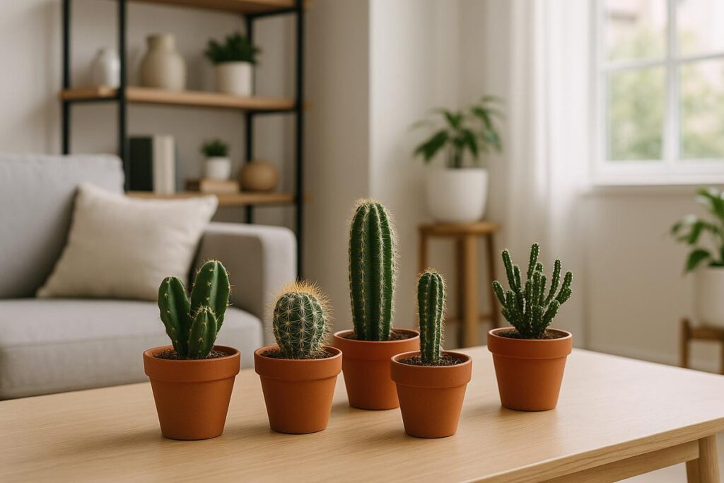 Plantas para apartamento em vasos de barro sobre mesa de madeira em sala de estar iluminada.