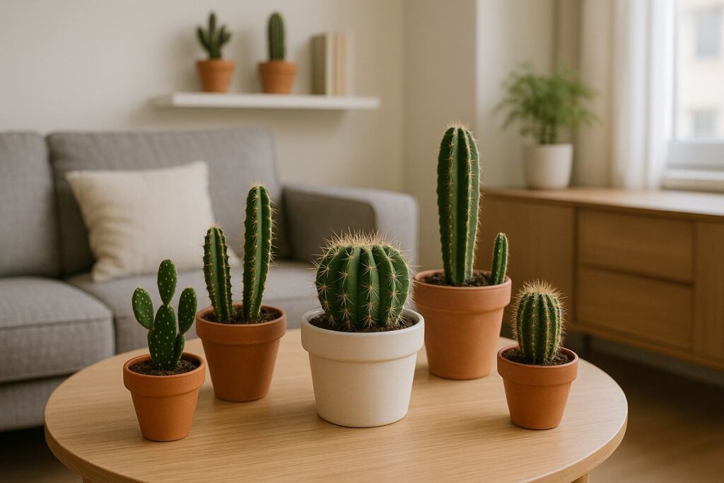 plantas para apartamento em vasos decorativos sobre mesa de centro