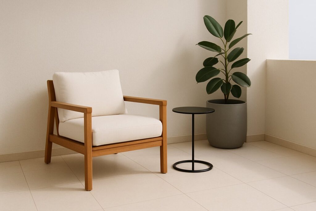 Varanda pequena decorada com poltrona de madeira, mesa lateral preta e planta em vaso cinza, criando um ambiente acolhedor e moderno.