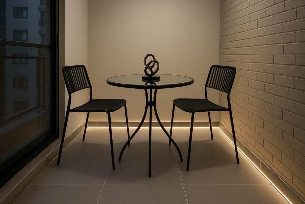 Varanda pequena decorada com mesa redonda de vidro, duas cadeiras pretas e iluminação embutida, criando um espaço moderno e acolhedor.