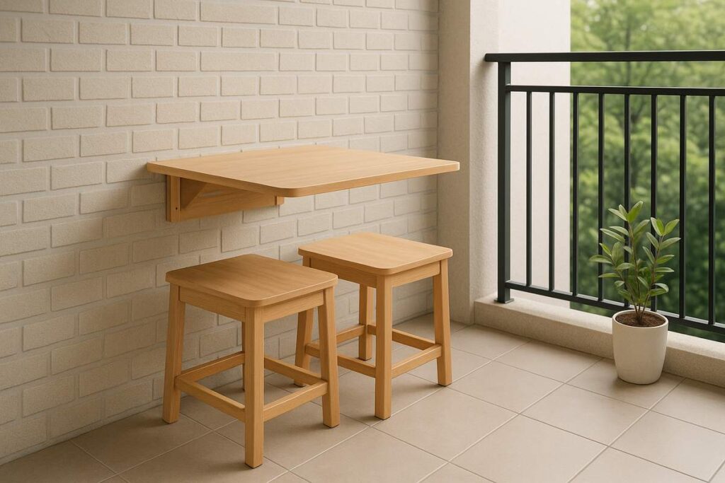 Varanda pequena decorada com mesa dobrável presa à parede, dois bancos de madeira e planta em vaso, criando um espaço funcional e charmoso.