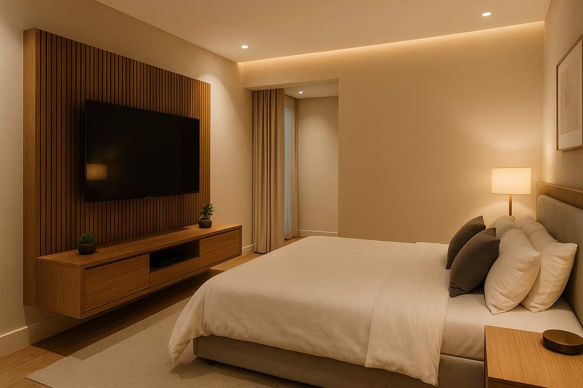 Quarto de casal com painel de TV: como decorar com estilo