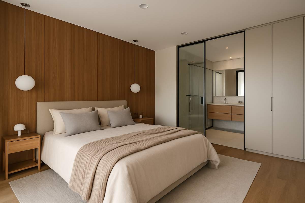 Quarto de casal integrado: décor unificado com a suíte e banheiro