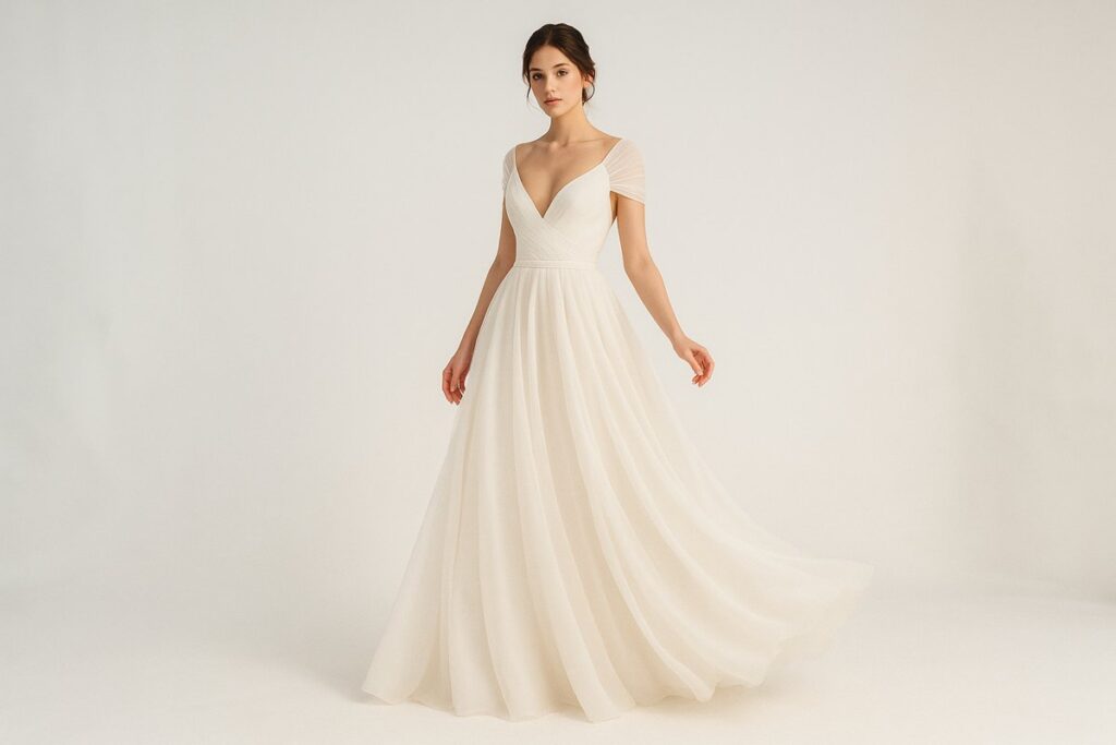 Vestido de noiva evasê com saia fluida e decote em V delicado. Foto: imagem gerada por IA.