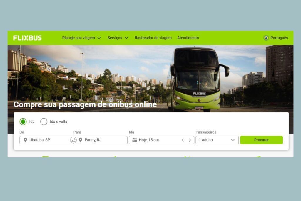 Print da tela inicial do site FlixBus - Foto: Portal Sua Rotina 