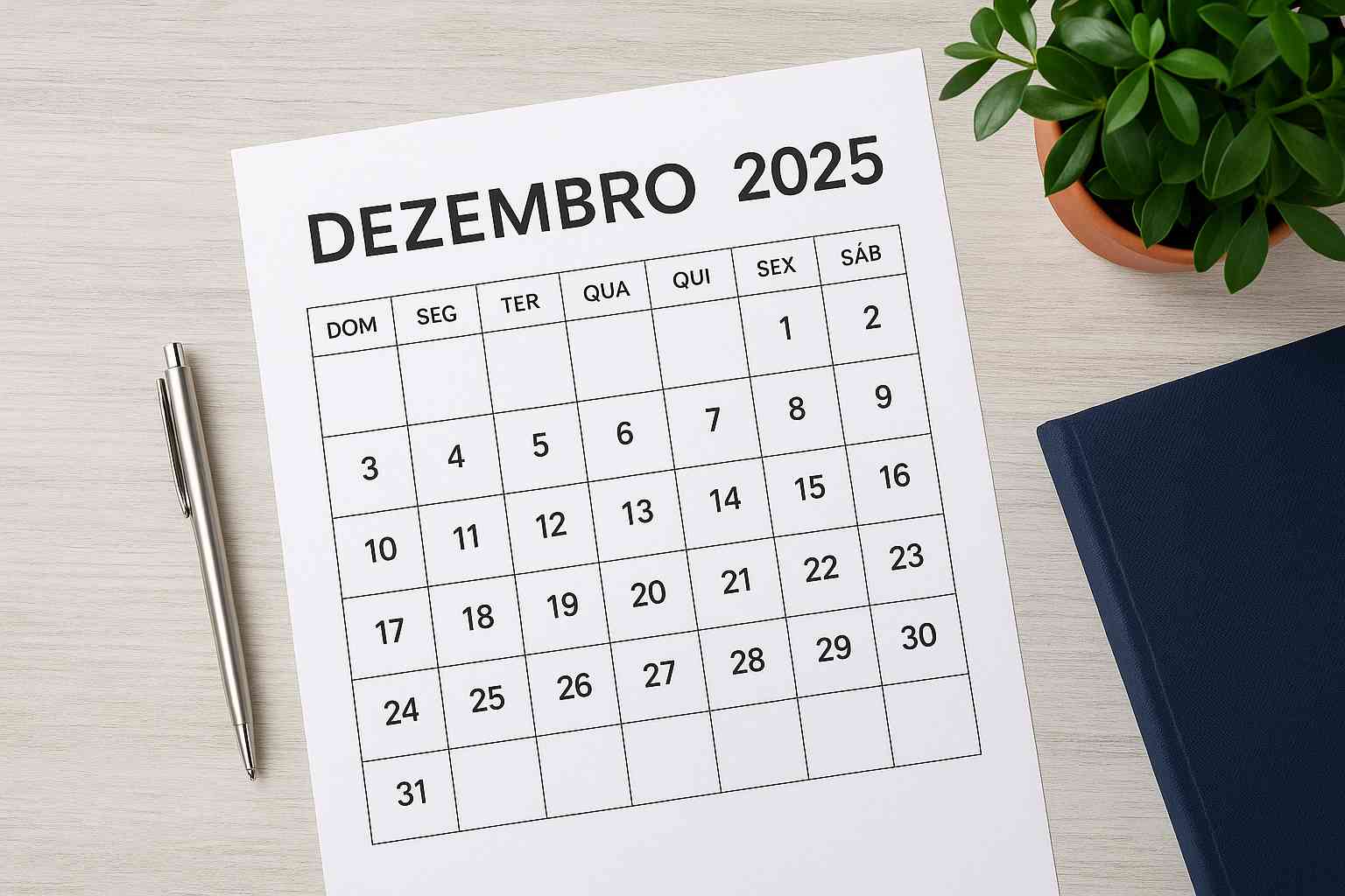 Modelo de calendário dezembro 2025 para imprimir em casa