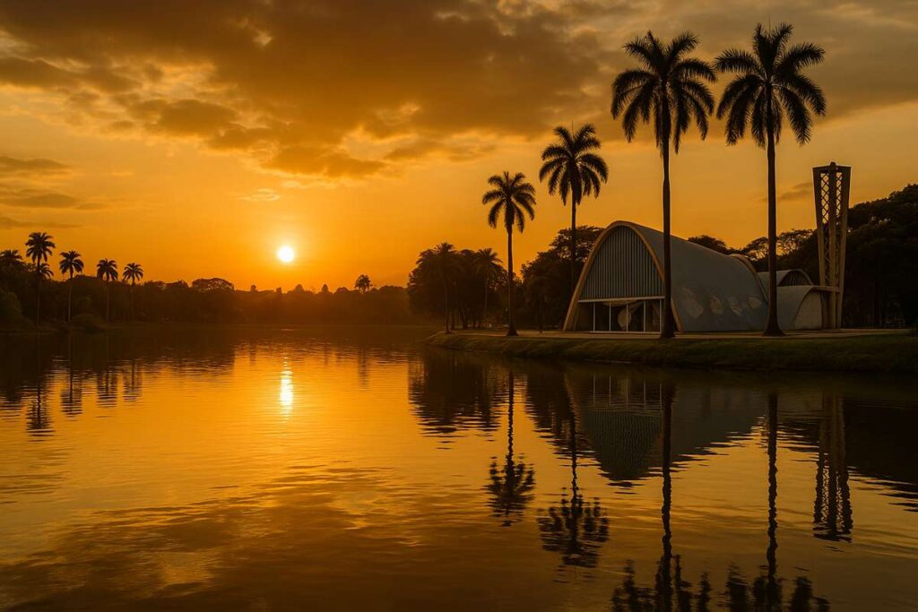 Pôr do sol na Lagoa da Pampulha, emoldurando a Igreja São Francisco de Assis e suas palmeiras imperiais. O reflexo dourado transforma o cenário em uma pintura natural. Foto: imagem gerada por IA