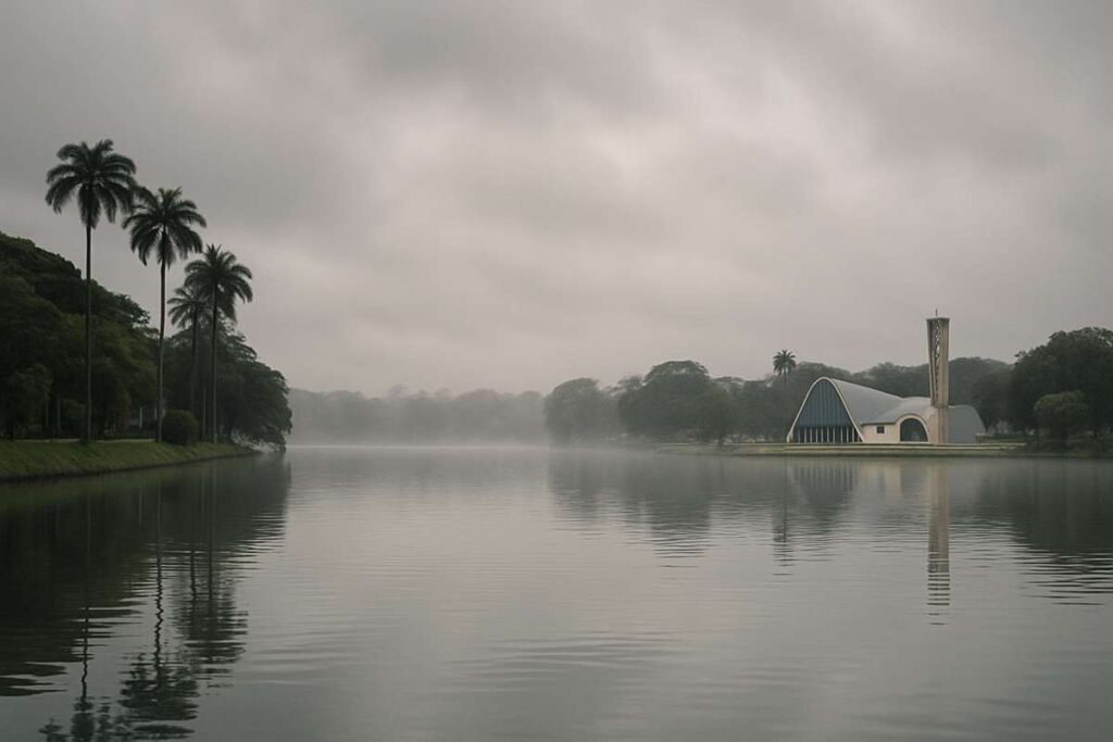 Manhã nublada na Lagoa da Pampulha, em Belo Horizonte, com a Igreja São Francisco de Assis refletida nas águas calmas — um dos cartões-postais mais icônicos da capital mineira. Foto: imagem gerada por IA