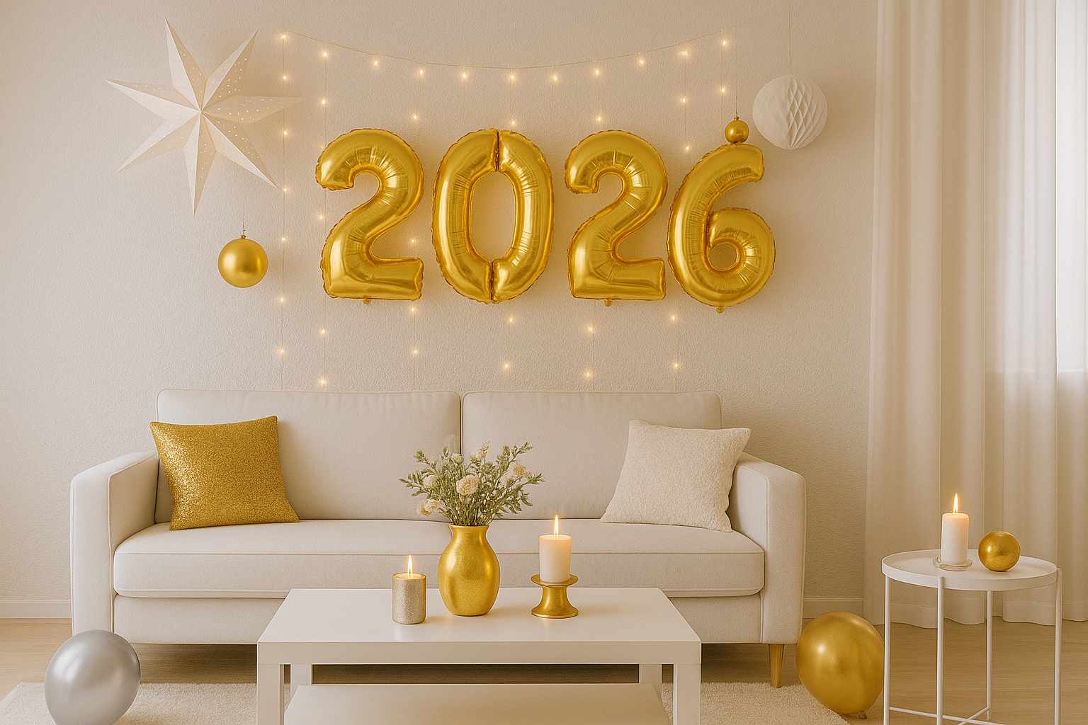 Decoração de Réveillon 2025: ideias minimalistas em branco, prata e dourado